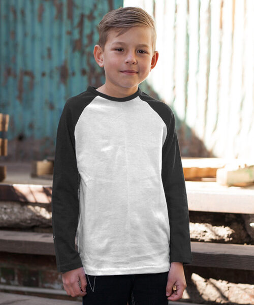 Kids' Long Sleeve Baseball Top Front (Charcoal Melange White)