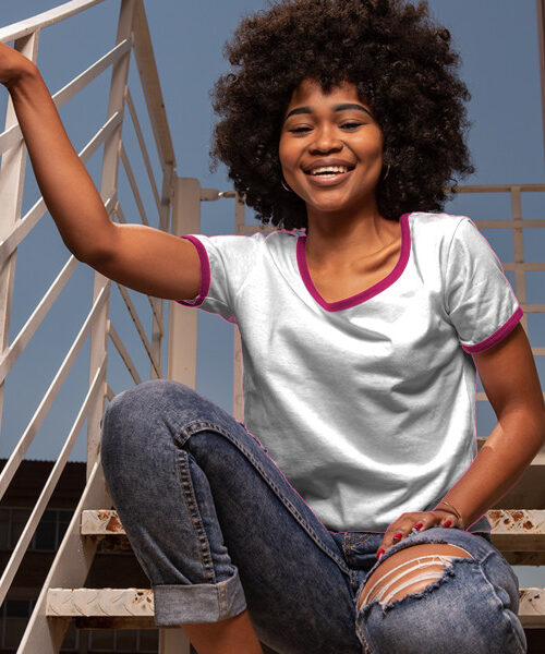 Ladies' Extended Cropped Ringer T-Shirt Front (Hot Pink White)