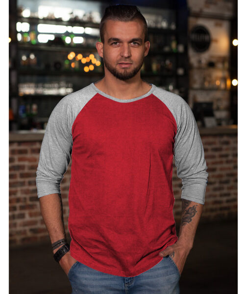Men's Scooped 3/4 Sleeve Baseball Top Front (White & Red)