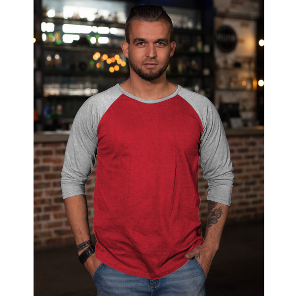 Men's Scooped 3/4 Sleeve Baseball Top Front (White & Red)