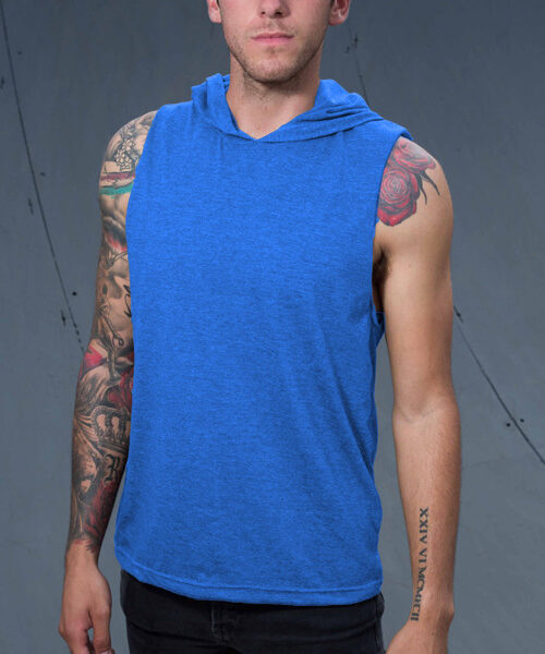 Men's Sleeveless T-Shirt Hoodie Front (Denim Blue Melange)